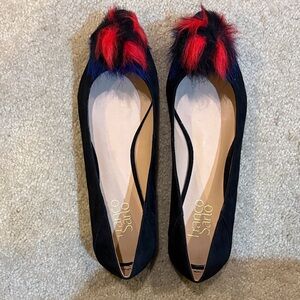 Franco Sarto “Sukie” Black Flats with Red and Blue Fur Trim-Size 8.5